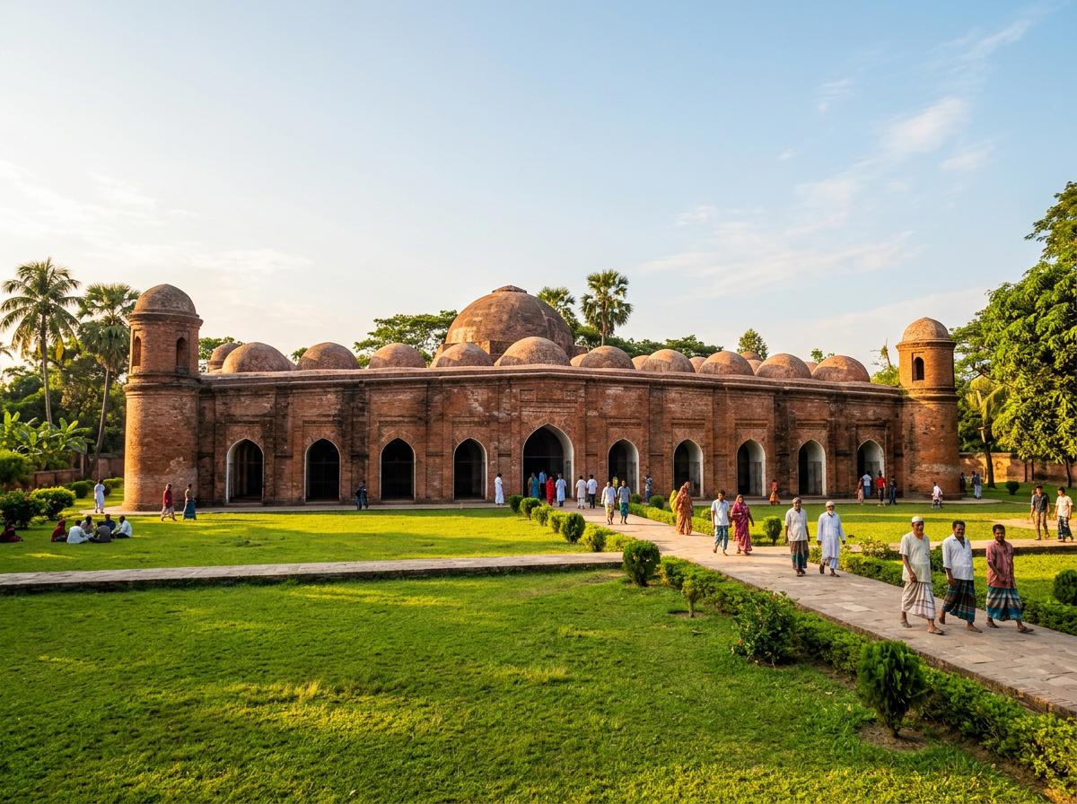The historic brick Sixty Dome Mosque with many arched openings and domes