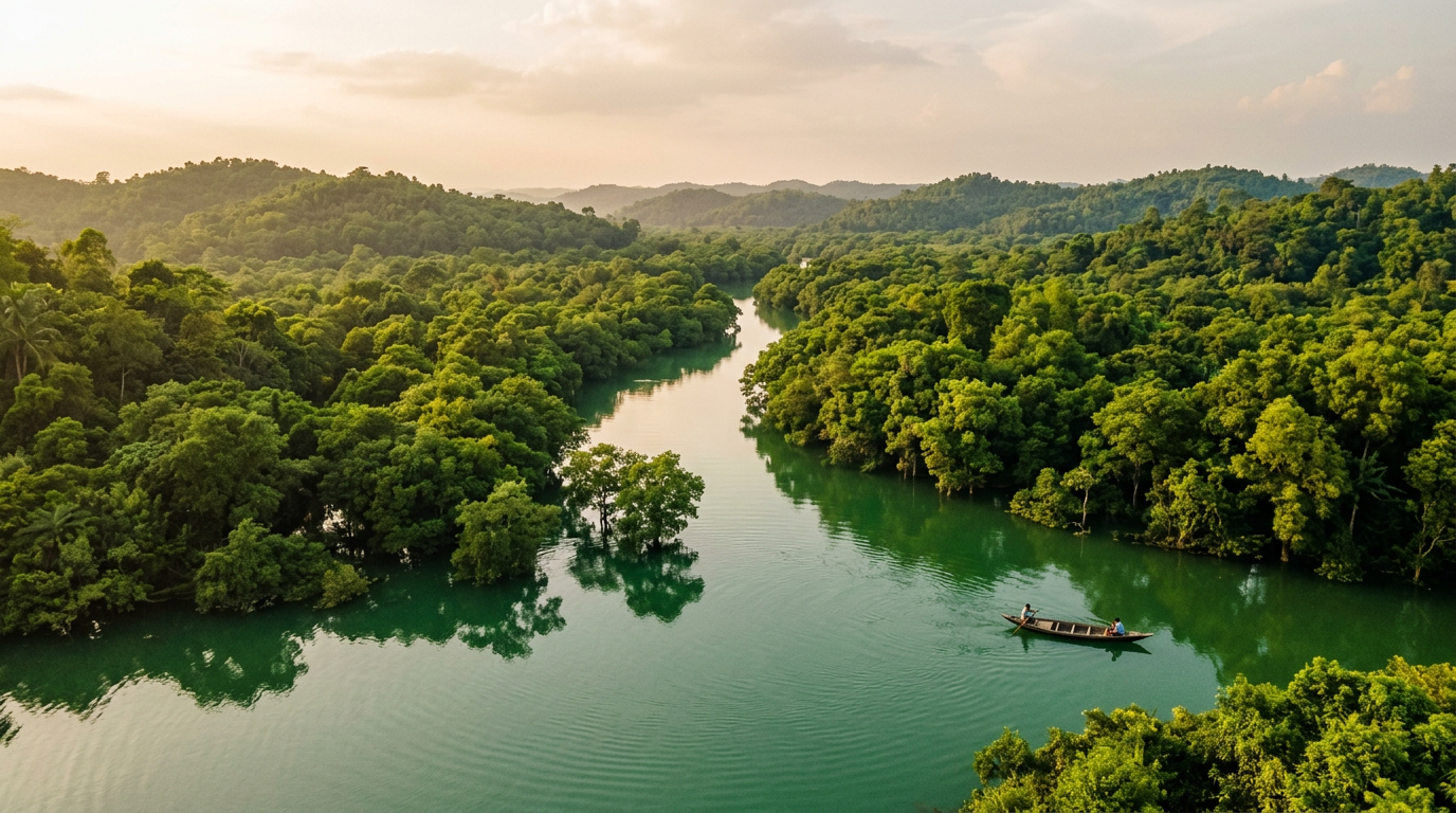 A traditional wooden boat on an emerald river surrounded by the green forests of Bangladesh