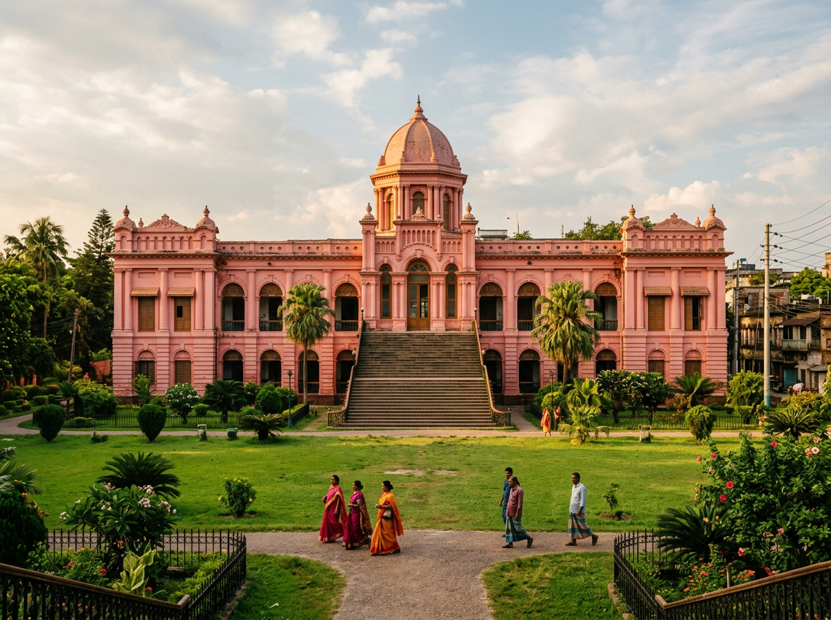 The pink facade and central dome of Ahsan Manzil palace in Dhaka