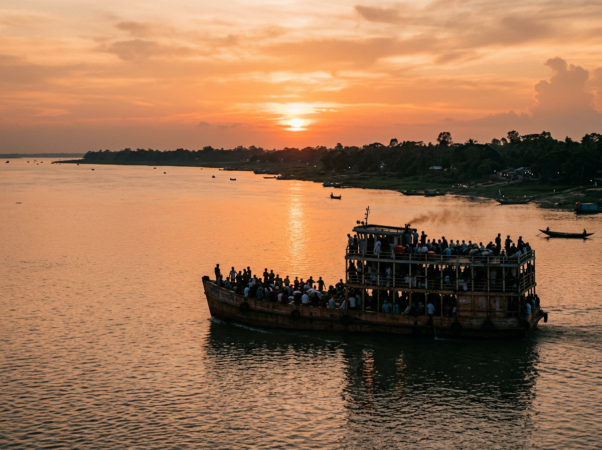 A large traditional river ferry crossing a wide river at sunset