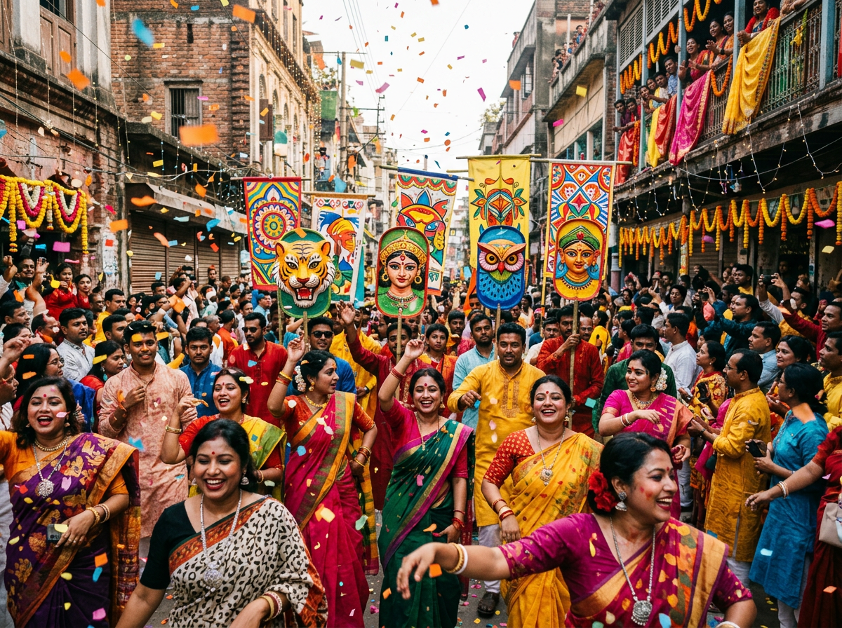 A colourful street festival with people in bright traditional clothing