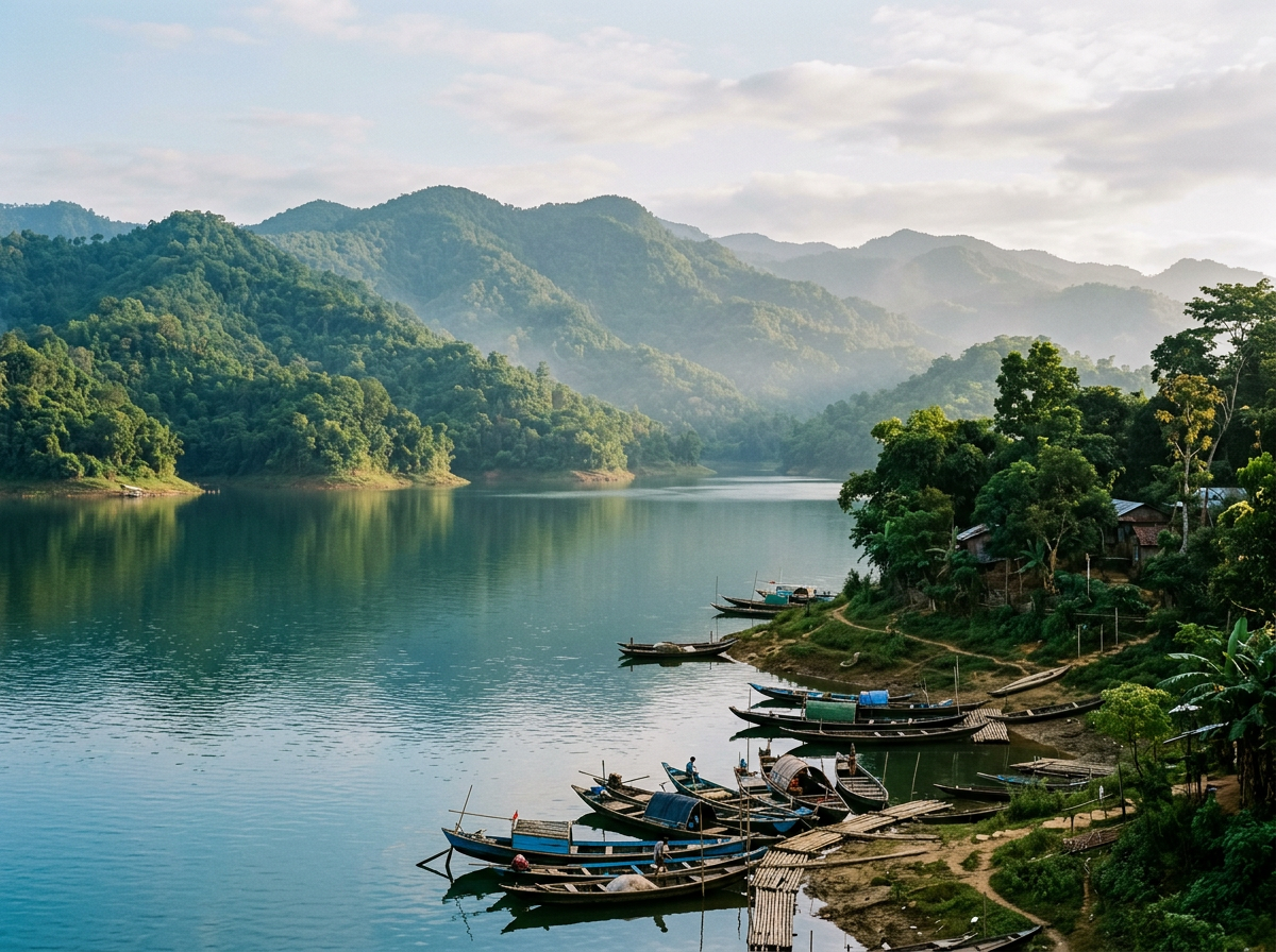 A calm lake surrounded by forested green hills with wooden boats moored along the shore