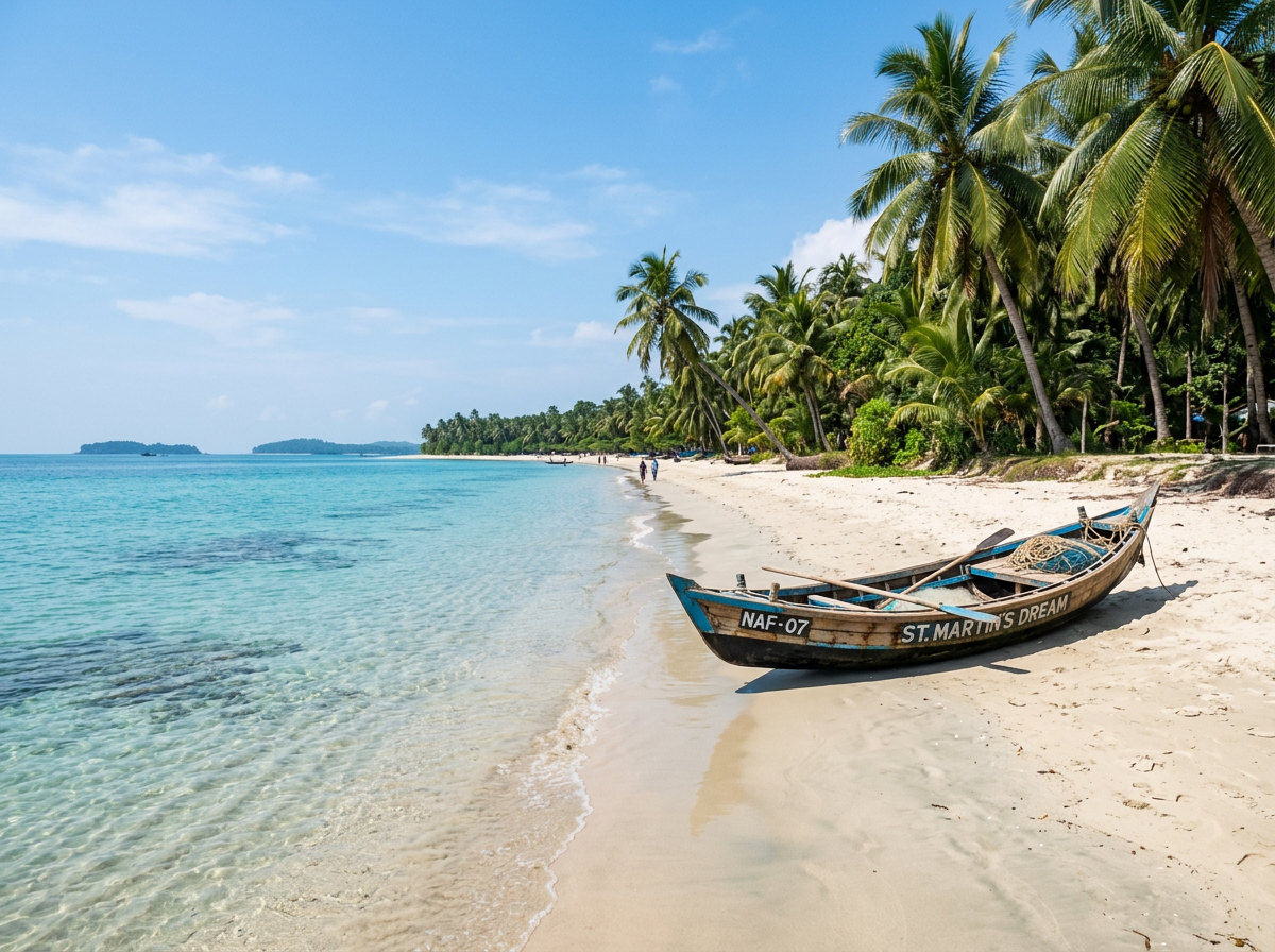 Clear turquoise water meeting a pale sandy shore with a small wooden boat