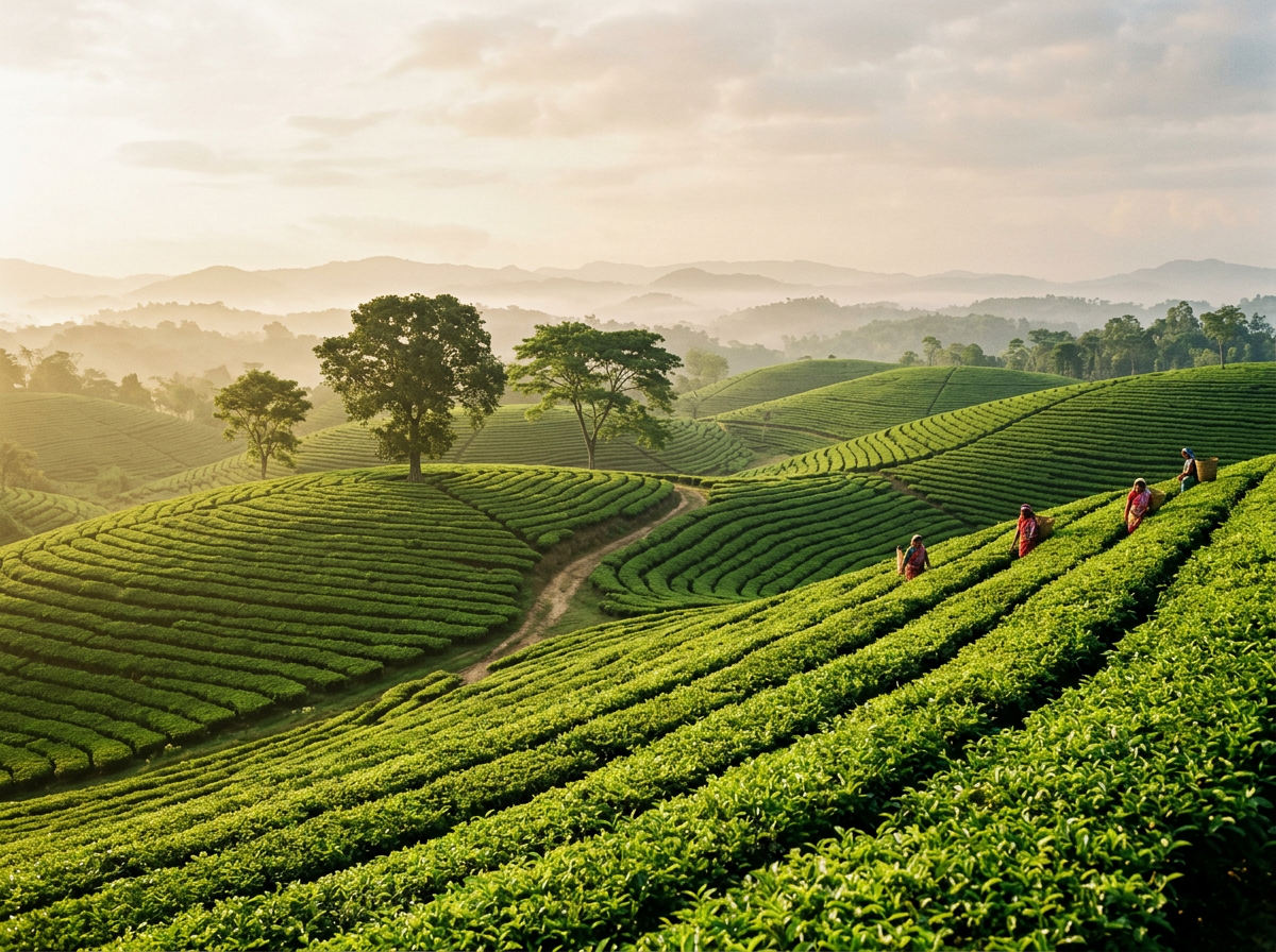 Rolling green tea plantations and shade trees in Sreemangal