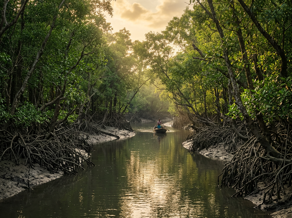 A tranquil waterway through the dense Sundarbans mangrove forest