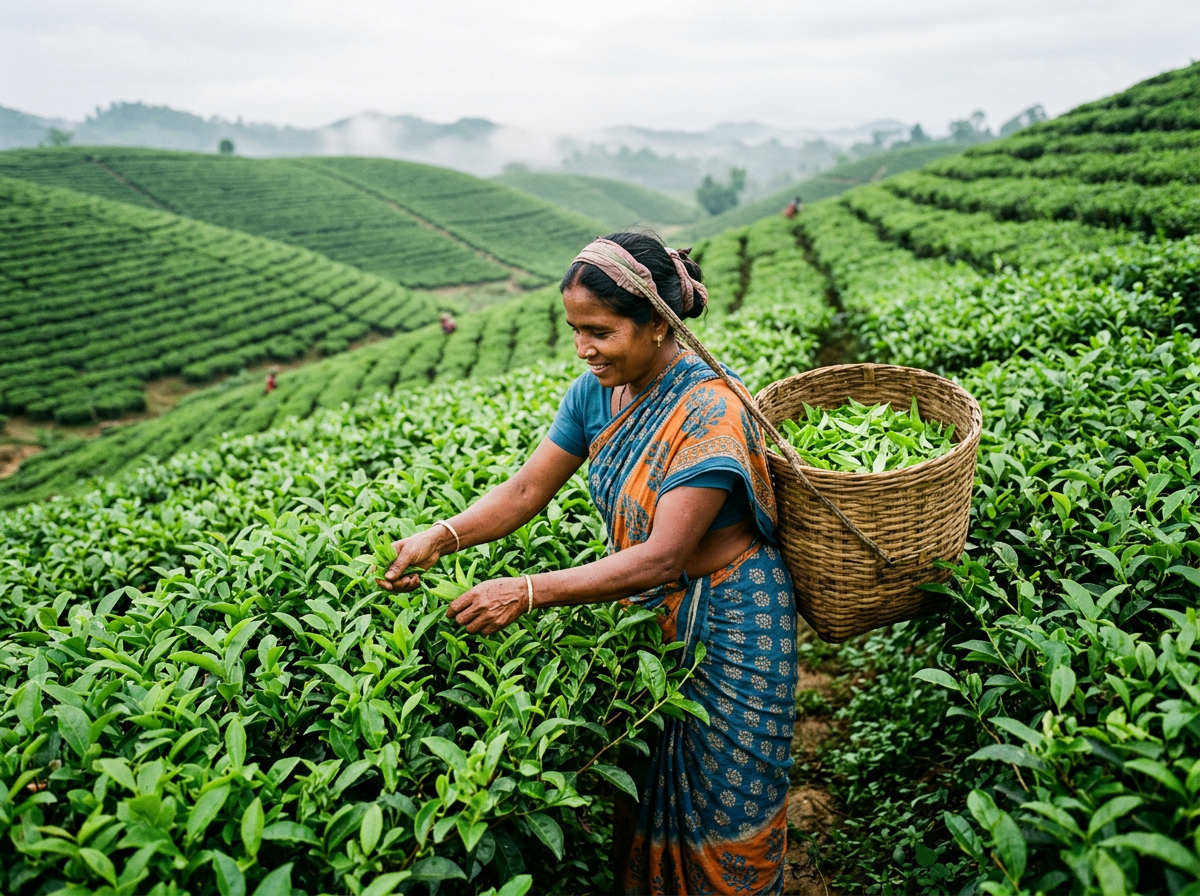 A tea plucker gathering fresh green tea leaves into a woven basket